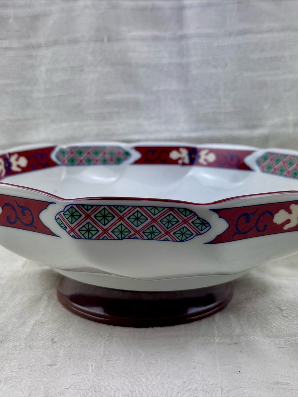 Japanese Imari Bowl  Octagon Footed Arita Ware Brick Red Cobalt Blue Chinoiserie